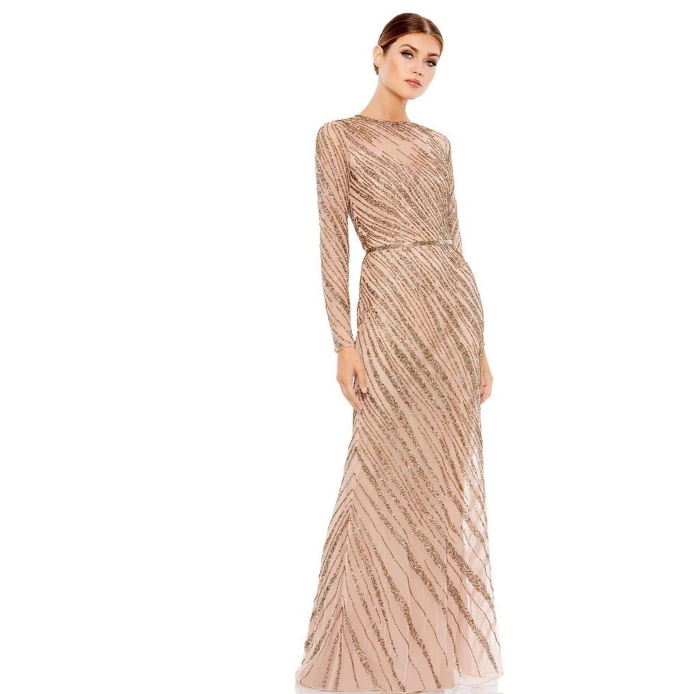 Mac Duggal Size 10 $598 NWT Long Sleeve Heavily Beaded Column Gown Mocha